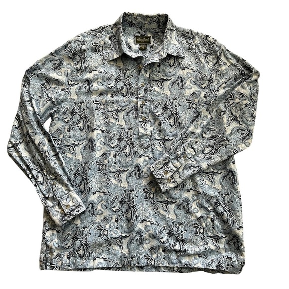 Eddie Bauer 70’s/y2k men’s cotton linen blend blue Paisley half button Size LT - Picture 2 of 9
